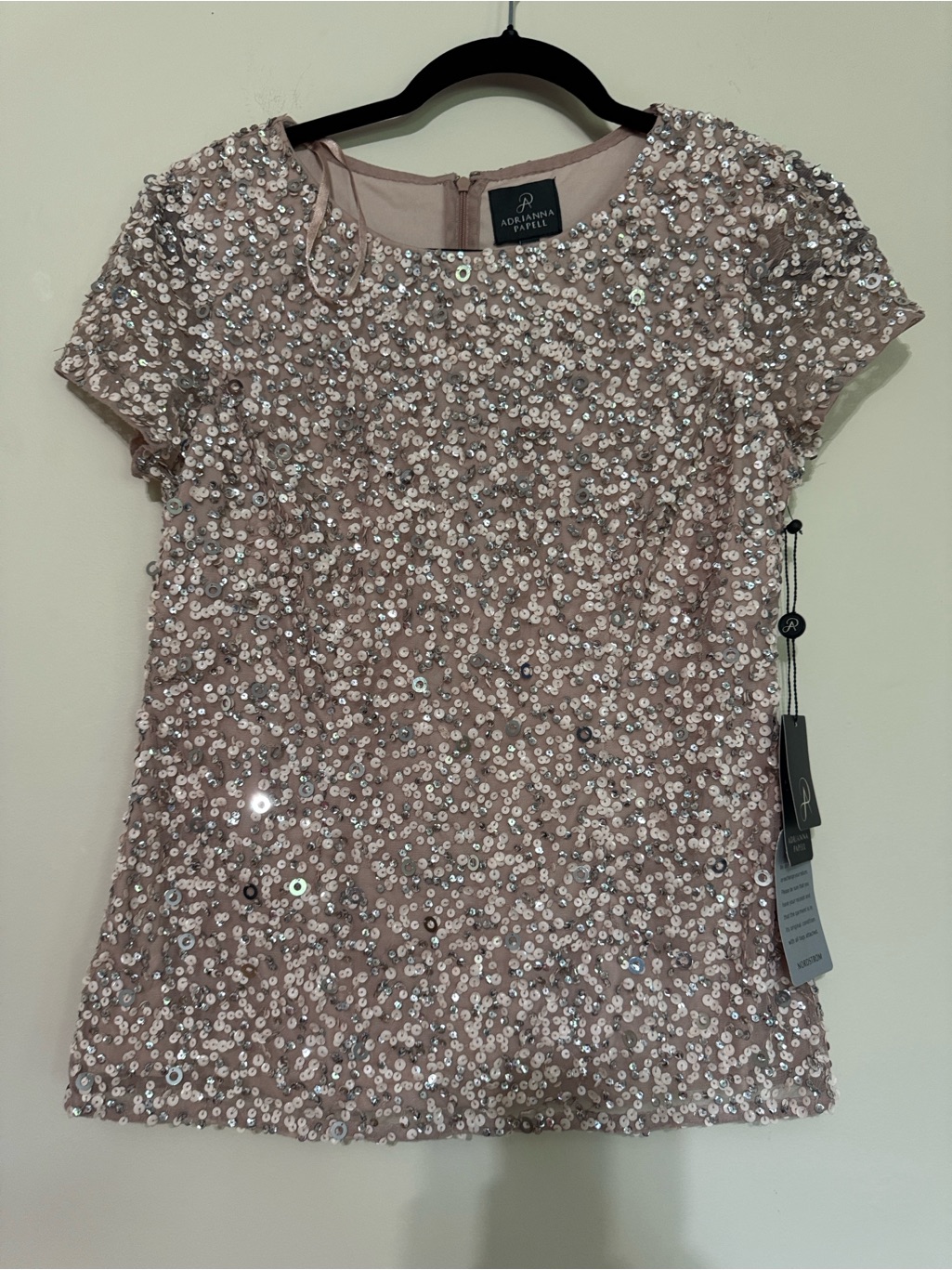 Beautiful Adrianna Papell Blush Pink Sequin Short Sleeve Top